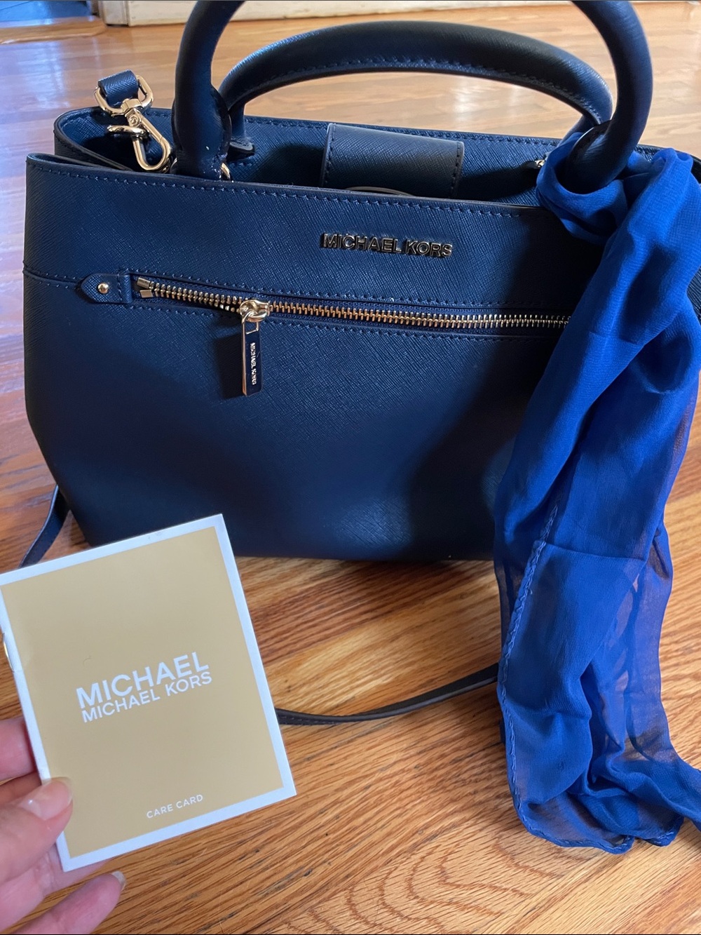 Michael Kors Navy Saffiano Satchel with Gold Hardware
